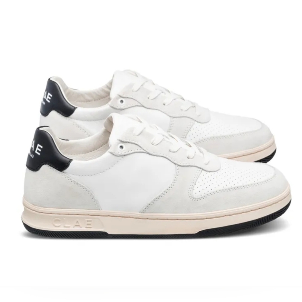 Clae Malone Leather White and Black Casual Sneakers NWT